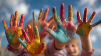 Colorful hands covered in paint raised against blue sky, symbolizing creativity, joy, and childhood expression during outdoor art activities.