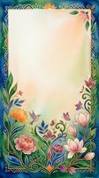 Watercolor floral frame with gold ornaments, birds, butterflies, and blooming flowers on a soft gradient background with copy space for text.
