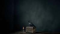A raven perches atop a stack of aged books beside a burning candle against a dark, moody textured backdrop. Suitable for literary, gothic, and educational design projects.