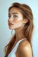 Young Asian woman with glowing natural makeup and honey blonde hair wearing white top against light background, side profile portrait showcasing dewy skin.