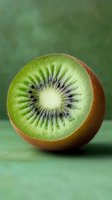 Fresh kiwi fruit half showing vibrant green flesh with black seeds and white center against blurred green background. Perfect for food photography.