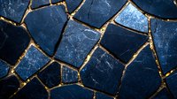 Cracked dark blue marble pieces with golden kintsugi style repair lines creating abstract geometric pattern on black background. Luxury design element.