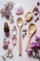 Natural spa wellness flat lay with wooden spoons, essential oil bottles, healing crystals, and fresh lavender flowers on soft pink background for aromatherapy.