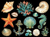 Watercolor ocean clipart set with seashells, starfish, coral, seahorse, and anchor, isolated on transparent background. Ready for t-shirt design, stickers, and print on demand.