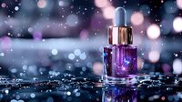 Luxurious purple cosmetic serum bottle with dropper on reflective surface against blurred bokeh background, splashing water drops create magical atmosphere.