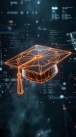Glowing orange neon graduation cap with geometric wireframe design floating in digital space with code and data visualization elements for education technology concepts.