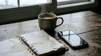 Cozy workspace with steaming coffee mug, open notebook and smartphone on rustic wooden table by window for morning productivity and planning sessions.