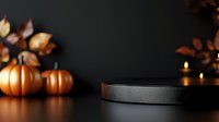 Orange pumpkins and autumn leaves create moody Halloween atmosphere with black candle holders on dark background, selective focus with bokeh lighting effects.