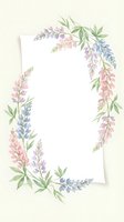 Watercolor floral frame with lupine flowers in pink, purple and blue tones surrounding blank white card for wedding invitations and greeting cards.