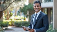 Middle-aged South Asian businessman in gray suit smiling confidently while holding tablet in outdoor office courtyard with lush greenery background.