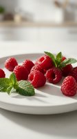 Fresh red raspberries with mint leaves arranged on white plate. Ideal for food, nutrition, healthy eating, dessert, and culinary content.