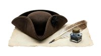 Tricorn hat in brown felt with quill pen and inkwell on aged parchment paper, isolated on white background for design, clipart, and historical costume projects.