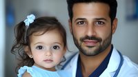 Middle Eastern male doctor in white coat with young female toddler patient wearing blue hair bow. Healthcare professional portrait showing caring medical relationship.