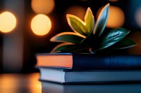 Stack of books with small green plant on top against blurred warm bokeh lights background creating cozy atmosphere for reading and studying at home.