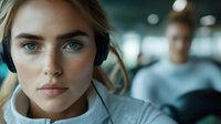 Young blonde woman customer service representative wearing headset in modern office environment with colleague working in background.