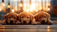 Three adorable golden retriever puppies lying in a row with warm glowing bokeh lights in background creating cozy atmosphere. Sweet expressions and paws visible.