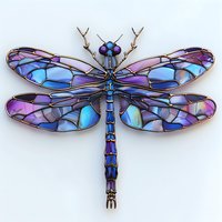 Iridescent dragonfly with stained glass style wings in blue and purple hues on isolated background, featuring intricate copper-like wire details and crystalline segments.
