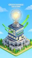 Creative business solutions concept with illuminated lightbulb atop office building, green growth arrows, and gears foundation representing innovation and entrepreneurial success.