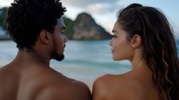 Couple enjoying tropical beach vacation together, shirtless man and woman facing each other with ocean and island backdrop, summer travel and romance concept.