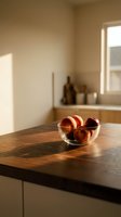 Fresh red apples in glass bowl on wooden kitchen counter with natural sunlight streaming through window, modern minimalist home interior design.