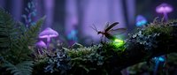Magical forest scene with glowing firefly among ferns and moss in enchanted woodland setting with purple and blue lighting effects for fantasy designs.
