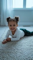 Happy mixed race toddler girl with curly hair in space buns lying on carpet at home smiling at camera wearing white shirt and green plaid pants in bright room.