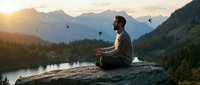 Young man meditating on mountain rock overlooking serene lake at golden hour sunrise with birds flying and layered peaks creating peaceful mindfulness scene.