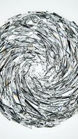 Shattered glass fragments forming dynamic spiral vortex pattern on white background, broken mirror pieces creating abstract whirlwind motion for design projects.