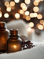 Essential oil brown glass bottles with peppercorns on white textile against blurred warm bokeh lights background, creating cozy aromatherapy atmosphere.