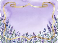 Lavender flowers with ornate golden frame border on soft purple watercolor background, suitable for invitations, greeting cards, and decorative design projects.