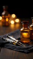 Vintage medical syringes and amber glass bottles on dark cloth with warm bokeh lights creating atmospheric pharmaceutical laboratory scene.