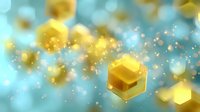 Glowing golden hexagons floating in turquoise space with sparkling light effects and bokeh background, abstract technological or scientific concept for presentations.
