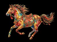 Ornate decorative horse with flowing mane and tail, adorned in vibrant red, gold, and multicolored traditional saddle and tack. Isolated on transparent background, ready for t-shirts, clipart, stickers, and print-on-demand designs.