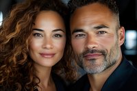 Happy mixed-race couple portrait with curly hair woman and bearded man smiling together in warm indoor lighting for lifestyle and relationship content.