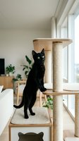Black cat with yellow eyes standing on wooden cat tree with sisal rope scratching post in bright modern living room with plants and natural light from window.