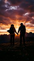Two hikers holding hands stand silhouetted against dramatic golden sunset sky with mountains, perfect for adventure and travel concepts.