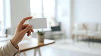 Closeup of male hand holding blank white business card in modern office workspace with desk and blurred background, suitable for corporate branding and professional networking concepts.