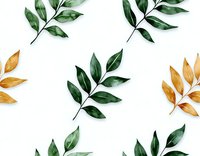 Watercolor green and golden leaves pattern on white background, seamless botanical repeat design for fabric, wallpaper and stationery projects.