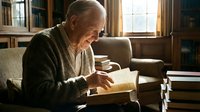 Senior Caucasian man reading book in cozy home library with warm natural lighting, elderly gentleman enjoying literature in comfortable living room setting.