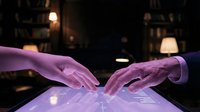Two business professionals touching futuristic holographic interface with glowing purple light effects in modern office environment for technology presentations.