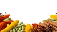Colorful spices and herbs border with turmeric, paprika, cardamom pods, cinnamon sticks and star anise on white background for culinary designs.