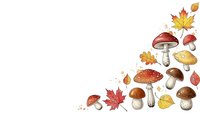Autumn mushrooms and colorful fall leaves scattered on white background creating seasonal nature composition for harvest themed designs.