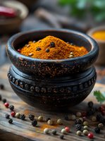 Ground turmeric powder in rustic black clay bowl with scattered peppercorns on wooden surface, moody lighting highlights vibrant orange spice and traditional serving.