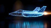 Glowing digital wireframe military jet aircraft with light trails and reflections on dark background, futuristic technology concept for aerospace design.