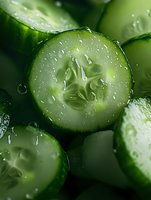Fresh cucumber slices with water droplets showing crisp texture and natural seeds pattern for healthy eating and spa treatments.