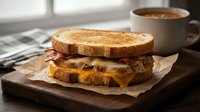 Grilled cheese sandwich with melted cheddar and crispy bacon on toasted bread served with coffee cup on wooden board for comfort food dining.