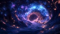 Cosmic portal in deep space with glowing blue and purple nebula swirls over dark waters, creating mystical reflection effect for fantasy and science fiction designs.
