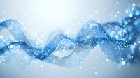 Flowing abstract blue waves with glowing particles and bokeh effect on light background create dynamic motion and energy for technology designs.