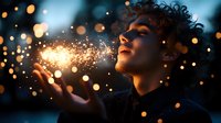 Young African American man with curly hair holding magical glowing sparkles in hands against dark background with bokeh lights, expressing wonder and amazement.