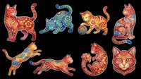 Colorful ornamental cats in various decorative patterns and poses, isolated on transparent background. Ready for t-shirt design, clipart, stickers, sublimation, and print-on-demand projects.